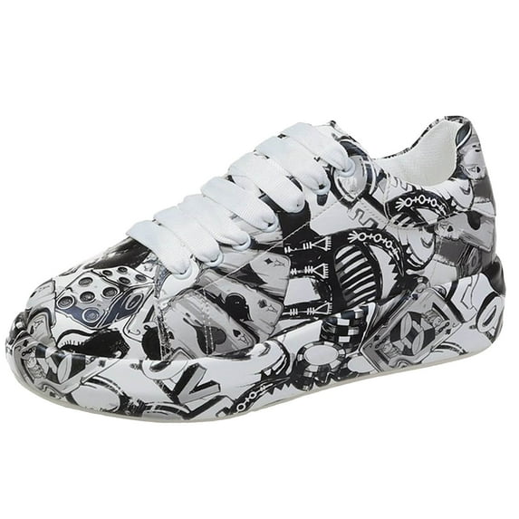 KELINFONG Women's Sports Shoes Fashion Graffiti Lace up Low Top Platform Sneakers Casual Skateboarding Shoes