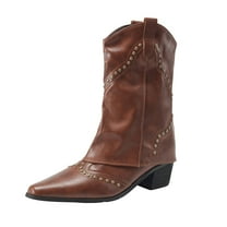 KELINFONG Women's Western Cowboy Ankle Boots Retro Rivet Slouchy Cowgirl Boots Block Heel Short Boots