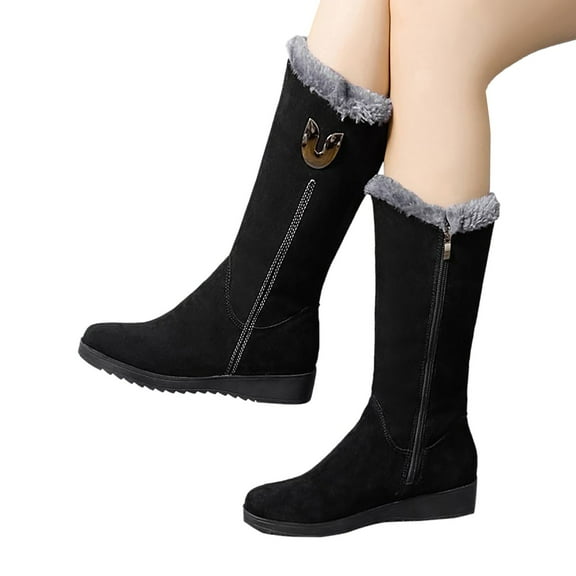 KELINFONG Women's Winter Furry Wedge Snow Boots Mid Wide Calf Waterproof Platform Slip on Warm Snow Boot