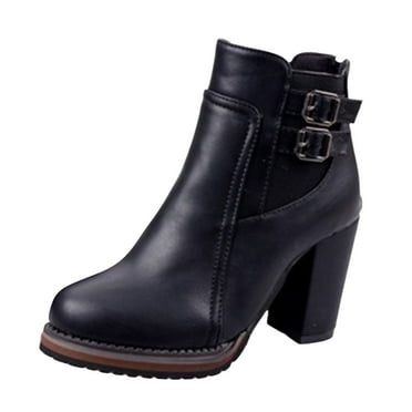 KELINFONG Women's Zipper Booties Stacked Heel Ankle Boots with Buckle Ankle Strap