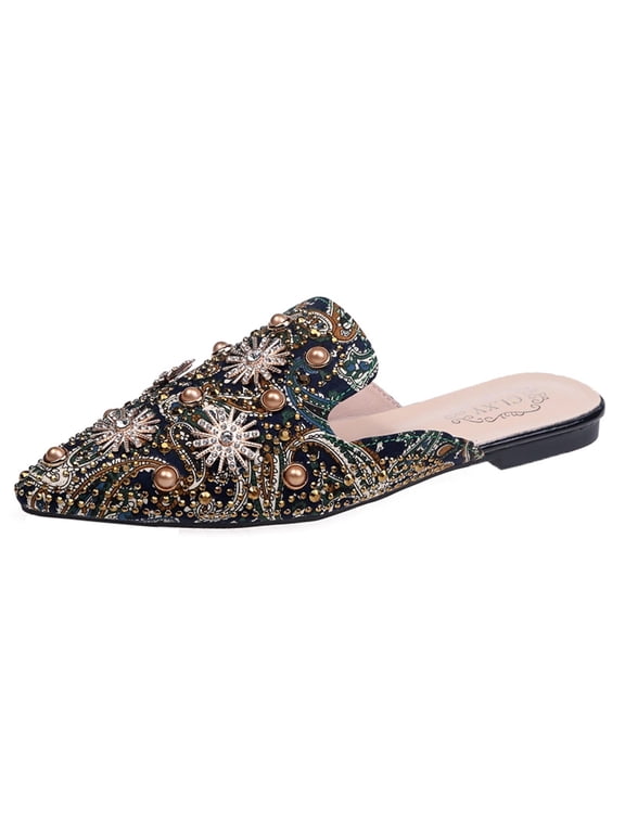 Womens Flat Mules Closed Pointed Toe Slip on Loafer Slides Backless Shoes with Rhinestone Decor