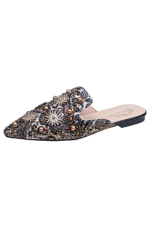 Womens Flat Mules Closed Pointed Toe Slip on Loafer Slides Backless Shoes with Rhinestone Decor