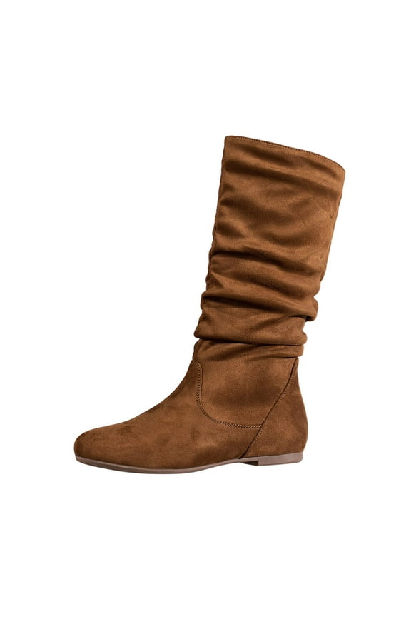 Womens Low Heel Mid Calf Boots Slouchy Brown Suede Slip on Casual Boots with Side Zipper