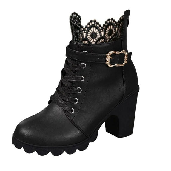 KELINFONG Womens Lug Sole Ankle Boots Block Heels Lace up Boots Sexy Lace Back Zipper Shoes