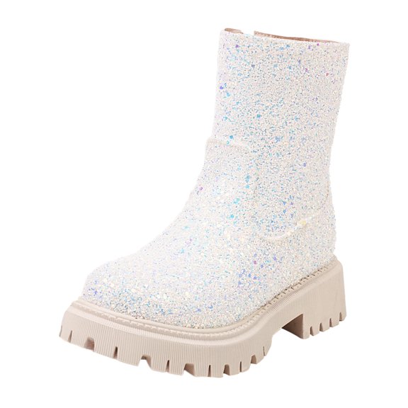 KELINFONG Womens Sequin Low Heeled Ankle Boots Sparkly Glitter Lug Sole Combat Booties with Side Zipper