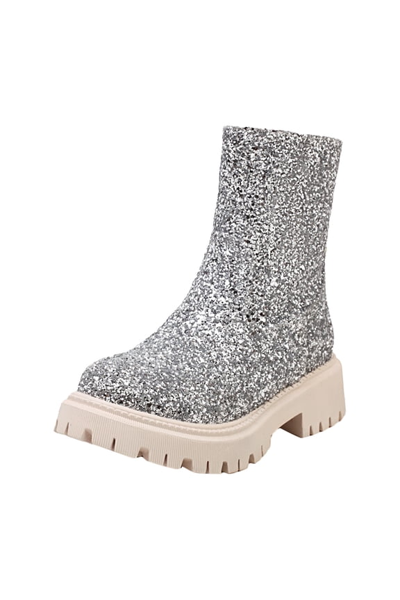 Womens Sequin Low Heeled Ankle Boots Sparkly Glitter Lug Sole Combat Booties with Side Zipper