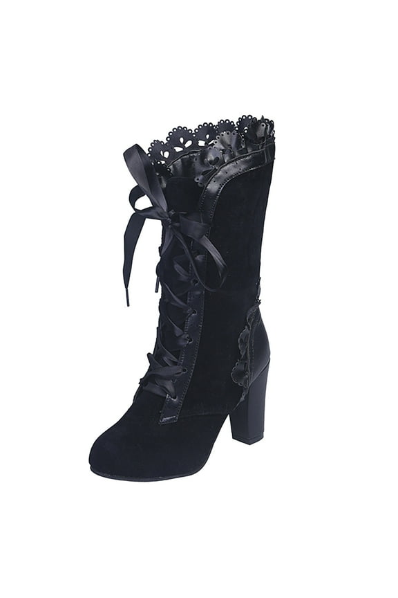 Womens Sweet Bownot Boots Heels Lace up Victorian Boots Cute Mid Calf Boots