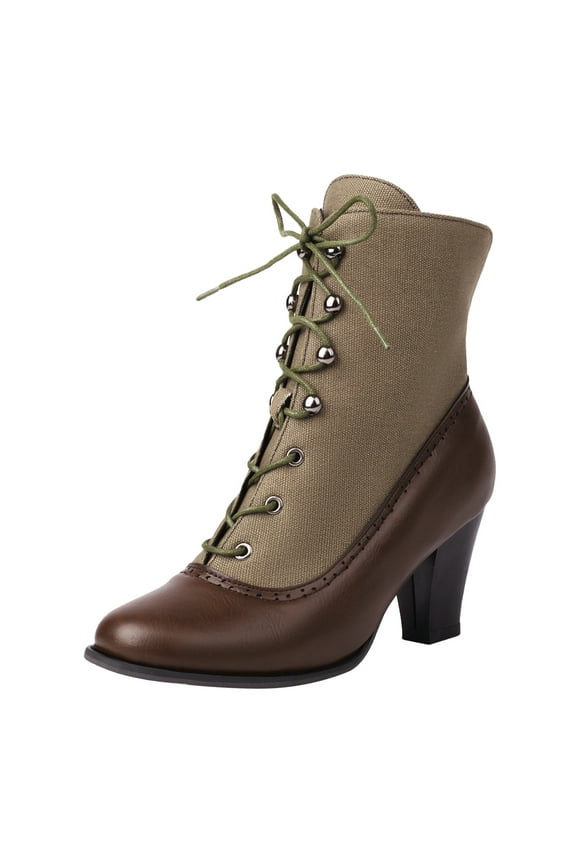 Womens Vintage Victorian Boots 70s Lace up Ankle Boots Mid Heel Witch Booties Shoes