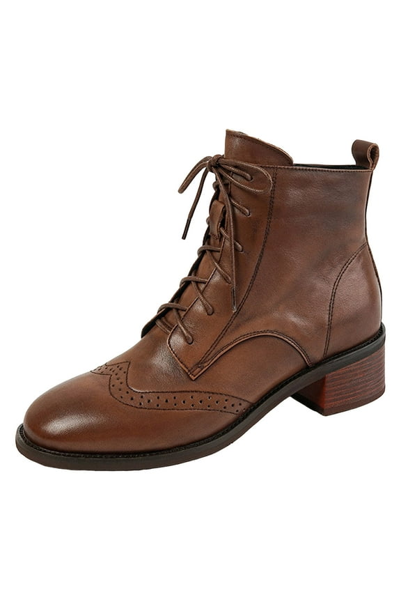 Womens Wingtip Booties Combat Boots Heel Ankle Boots Lace up Round Toe Vintage Winter Shoes