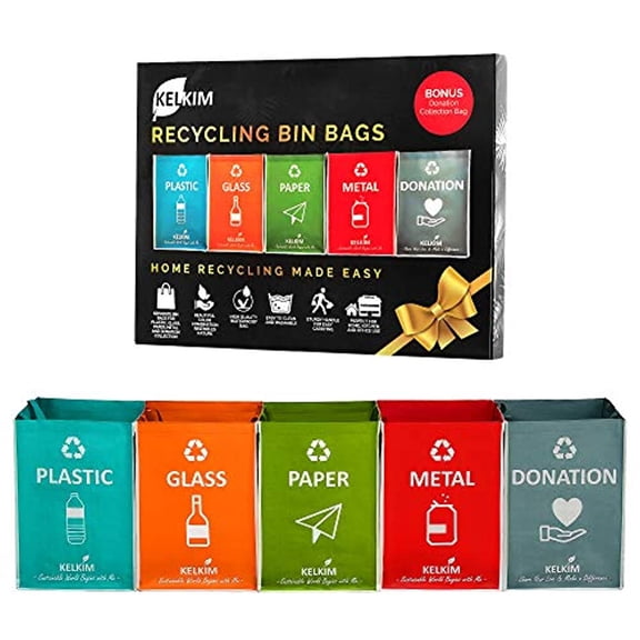 Recycling Bin Bags Donation Bag for Home Kitchen Office Portable Indoor Recycle Waste Organizer Waterproof Garbage Containers Separate Recyclable Trash Sorting Bin Big Compartment 5 Bags Set