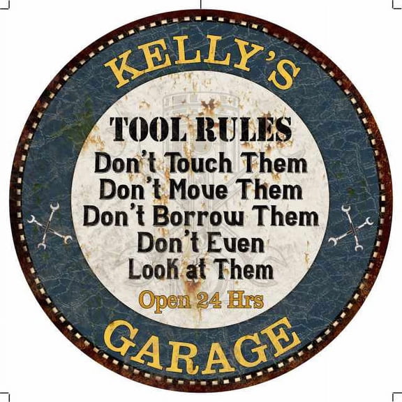 KELLY'S Garage Rules 12" Round Metal Sign Garage Wall Dcor 100140015190