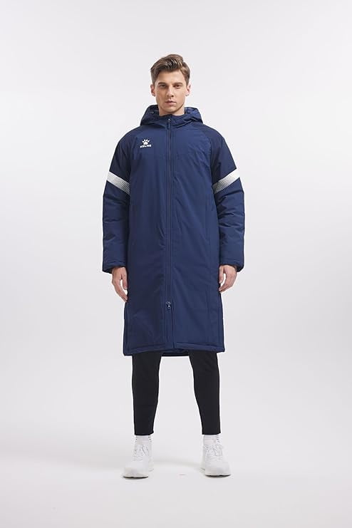 Men's Long Parka Winter Coat  Windproof Hooded Soccer Training Jacket, Stadium Outdoor Cold Weather Warm Outerwear, Navy Blue/White, X-Small