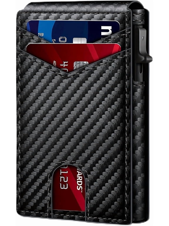 Men's Anti-RFID Pop-up Wallet, with carbon fiber texture, lightweight and compact double-fold automatic card holder, magnetic closure. Ideal gift for Father's Day and Thanksgiving.