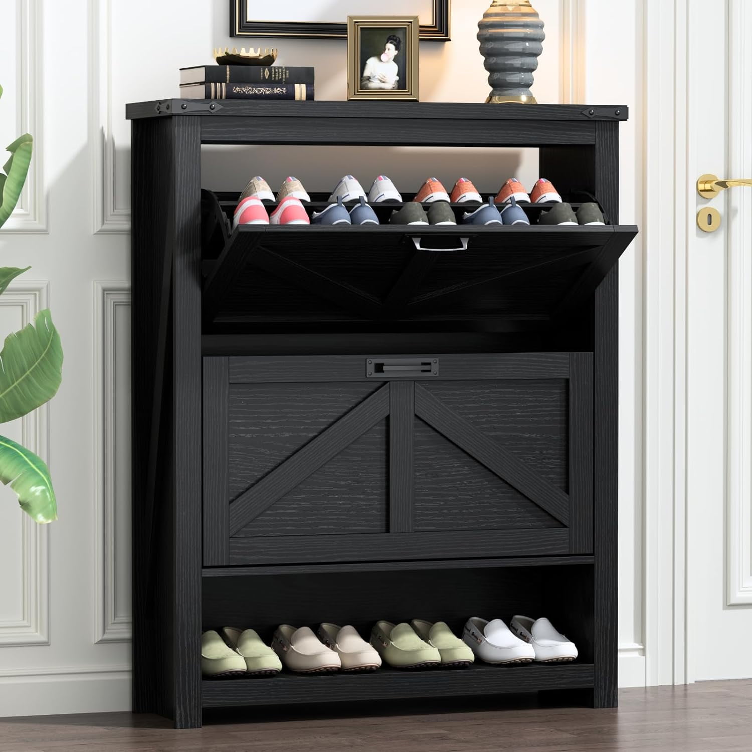 KEMANHUAN Farmhouse Shoe Cabinet,Free Standing Tipping Bucket Shoe Rack ...