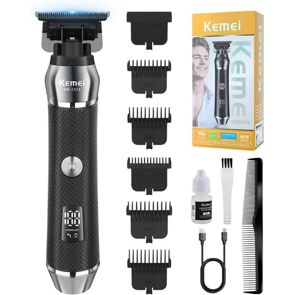 KEMEI 1573 Professional Hair Clippers for Men, Cordless Beard Trimmer, Electric T-Blade Zero Gap Hair Trimmer, USB Rechargeable with 5 Guide Combs