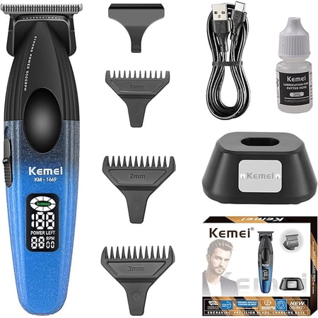 KEMEI 1669 Beard Trimmer For Men, Cordless Hair Trimmers With LED Display, 9000 RPM Hair Clippers For Barber With Charging Base, DLC Coated T-Blade