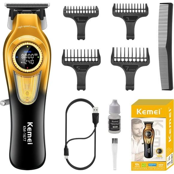 KEMEI 1677 Beard Trimmer for Men, Professional Hair Clippers, Cordless Barber Clipper with LED Display, DLC T-Blade Hair Trimmer, 8000 RPM Turbo Brushless Motor