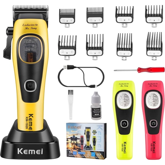 KEMEI 1920 Professional Hair Clippers for Men, 4500 mAh Barber Clippers for Hair Cutting, Cordless Hair Trimmer with Charging Base & 2 Modular Lids, DLC Blade