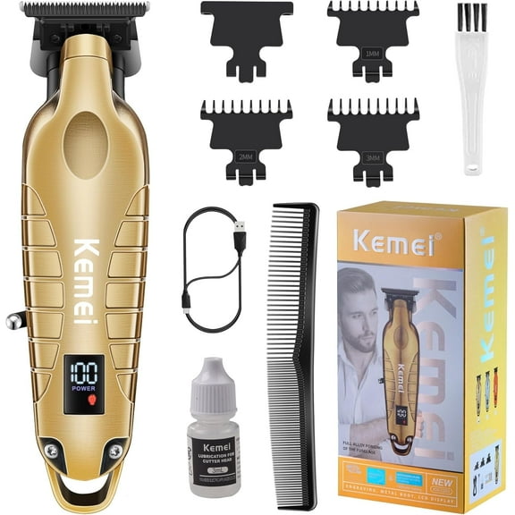 KEMEI 2293 Professional Hair/Beard Trimmer for Men Zero Gapped Hair Clippers for Barber with T Blade, Cordless Rechargeable, Gold