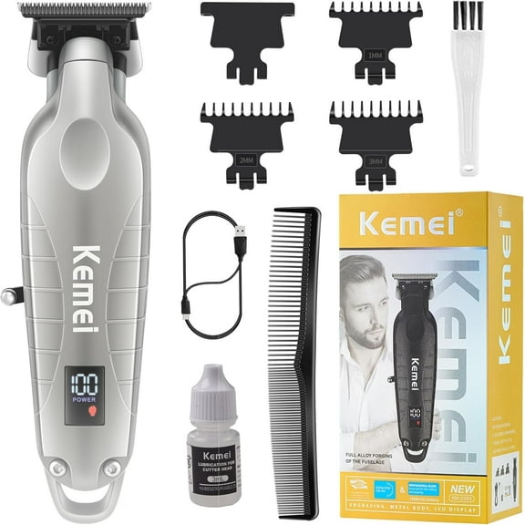 KEMEI 2293 Professional Hair/Beard Trimmer for Men Zero Gapped Hair Clippers for Barber with T Blade, Cordless Rechargeable, Silvery