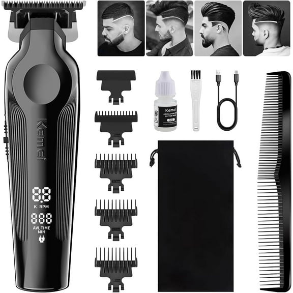 KEMEI 264 Hair Clippers for Men Professional, Cordless T Blade Zero Gap Trimmer, Rechargeable Clippers for Men Haircut, Mens Beard Trimmer with LED Display (Black)