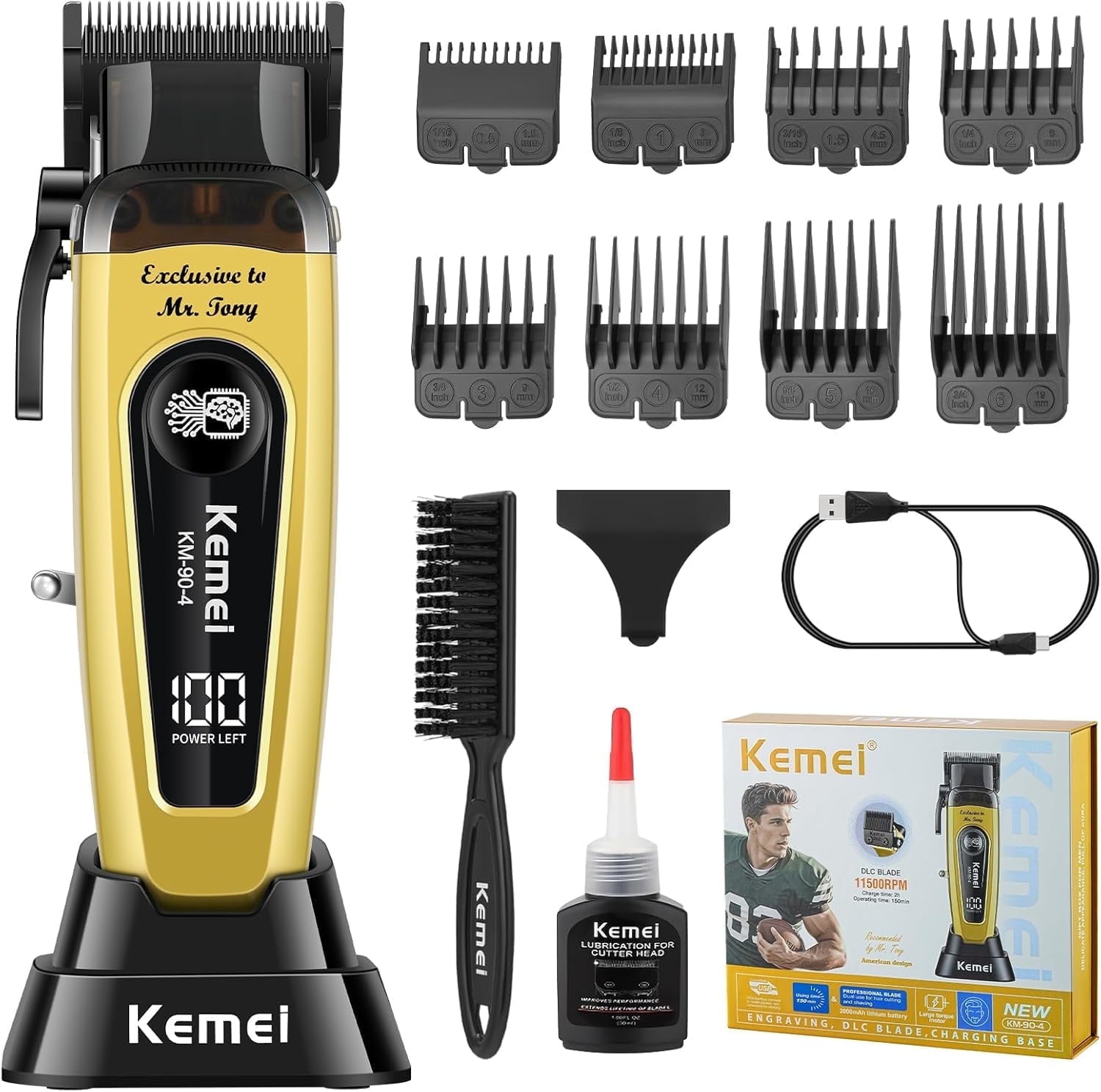 Kemei 電動バリカン KM-90-4 ゴールド 充電式 DLC刃 プロ仕様 KEMEI 90-4 Professional Hair Clippers for Men, 11500 RPM Barber
