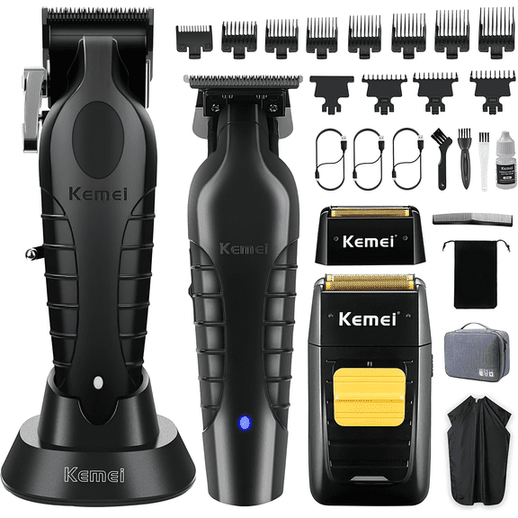 KEMEI Hair Clippers for Men, Professional Cordless Barber Clipper and Trimmer Set with Foil Shaver and Guide Combs