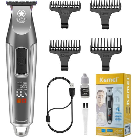 KEMEI Hair Trimmer for Men, Professional Hair Clippers Cordless Zero Gapped Trimmer with LCD Display Trimmers for Barbers with T Blade Beard Trimmers 3 Adjustable Speeds KM-1919 Gray