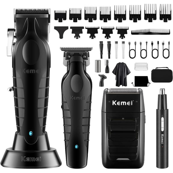 KEMEI Professional Hair Clippers for Men, Cordless Barber Clipper Beard Trimmer Foil Shaver Nose Eyebrow Ear Trimmer Set, USB Charging Complete Electric Hair Cutting Kit with 11 Guide Combs