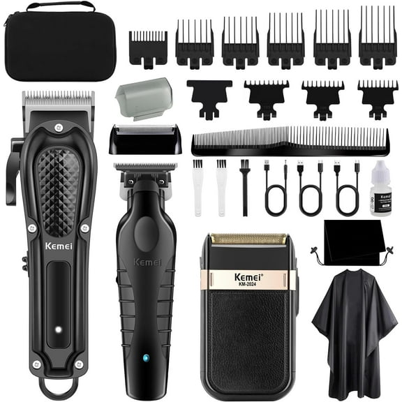 KEMEI Professional Hair Clippers for Men, Cordless Complete Barber Clipper T-Blade Trimmer Foil Shaver Set, Electric Hair Cutting Full Kit with 9 Guide Comes, USB Rechargeable