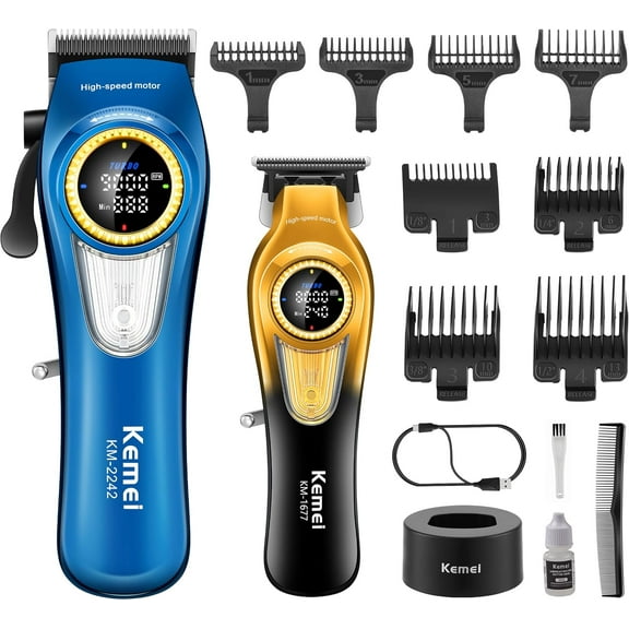 KEMEI Professional Hair Clippers for Men, Cordless Barber Clippers with LED Display and Charging Base, T-Blade Hair Trimmer, KM-2242 Blue, KM-1677