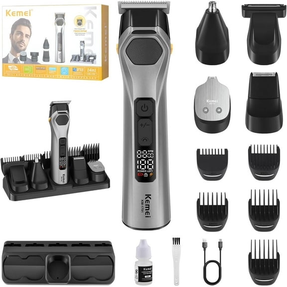 KEMEI Professions Beard Trimmer for Men Cordless IPX6 Waterproof Mens Beard Trimmer for Night Lighting Lamp Rechargeable for Nose, Body, Face and Mustache with LED Display Gifts Mens KM-1791