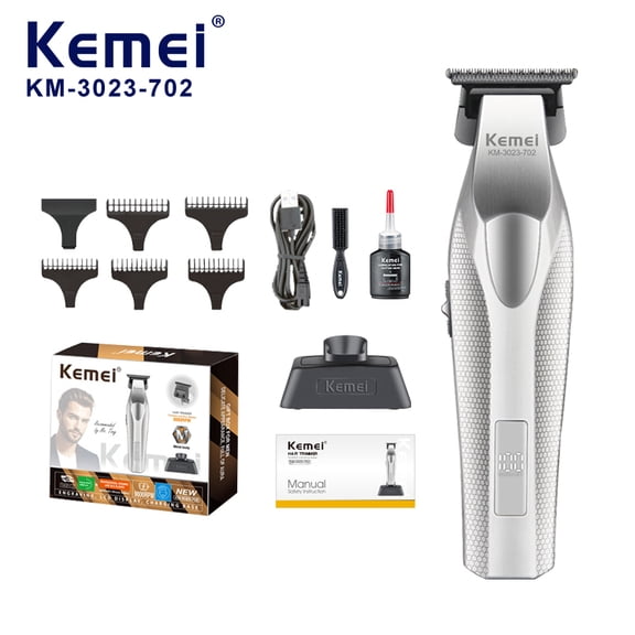 KEMEI Silver Hair and Beard Trimmer for Men, 9000 RPM Cordless Zero Gap Barber Trimmer with LED Display