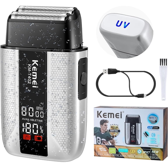 KEMEI T402 Professional Foil Shavers for Men, IPX7 Waterproof Electric Razor for Men with LED Display, Double Electric Shaver with 3 Adjustable Speeds & UV Cover