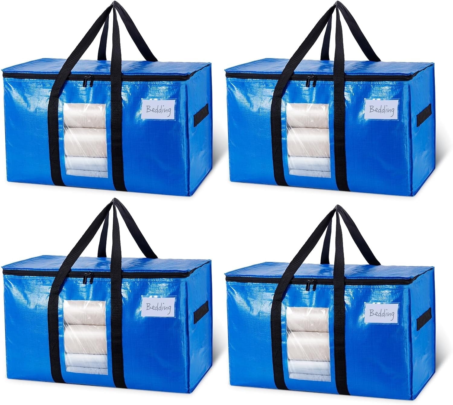 KEMEINILI Moving Bags Heavy Duty Extra Large , 4 Pack Blue Moving Totes Bag, with Visible Window Zippers Backpack Handles for Clothes, Camping Moving Boxes Dorm College Packing Supplies