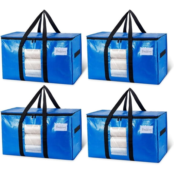 KEMEINILI Moving Bags Heavy Duty Extra Large , 4 Pack Blue Moving Totes Bag, with Visible Window Zippers Backpack Handles for Clothes, Camping Moving Boxes Dorm College Packing Supplies