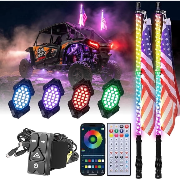 KEMIMOTO 2PCS 3FT LED Whip Light and 4 PCS Rock Lights Combo Integrated Rocker Switch (Turn/Hazard/Light) for UTV ATV
