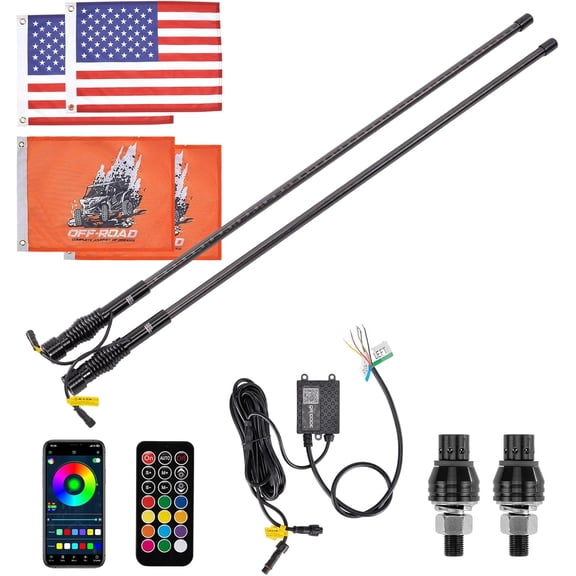 KEMIMOTO 2PCS 3FT Whip Lights for Side by Side, APP Control Turn Brake Reverse Signal Function Spring Mount LED, ATV UTV