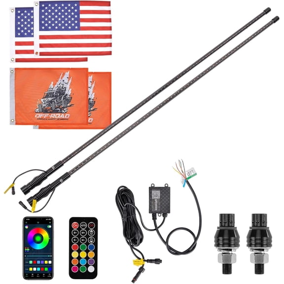 KEMIMOTO 2PCS 4FT ATV UTV Whip Lights for Side by Side, APP Control Turn Brake Reverse Signal Function Spring Mount LED