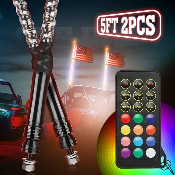 KEMIMOTO 2pc 5ft Spiral ATV Whip Lights LED Whip Lights for Side by Side ATV Boat Jeep Offroad RF Remote Control UTV Whip Lights Compatible with Polaris RZR Can-Am Maverick X3 Sportsman Outlander