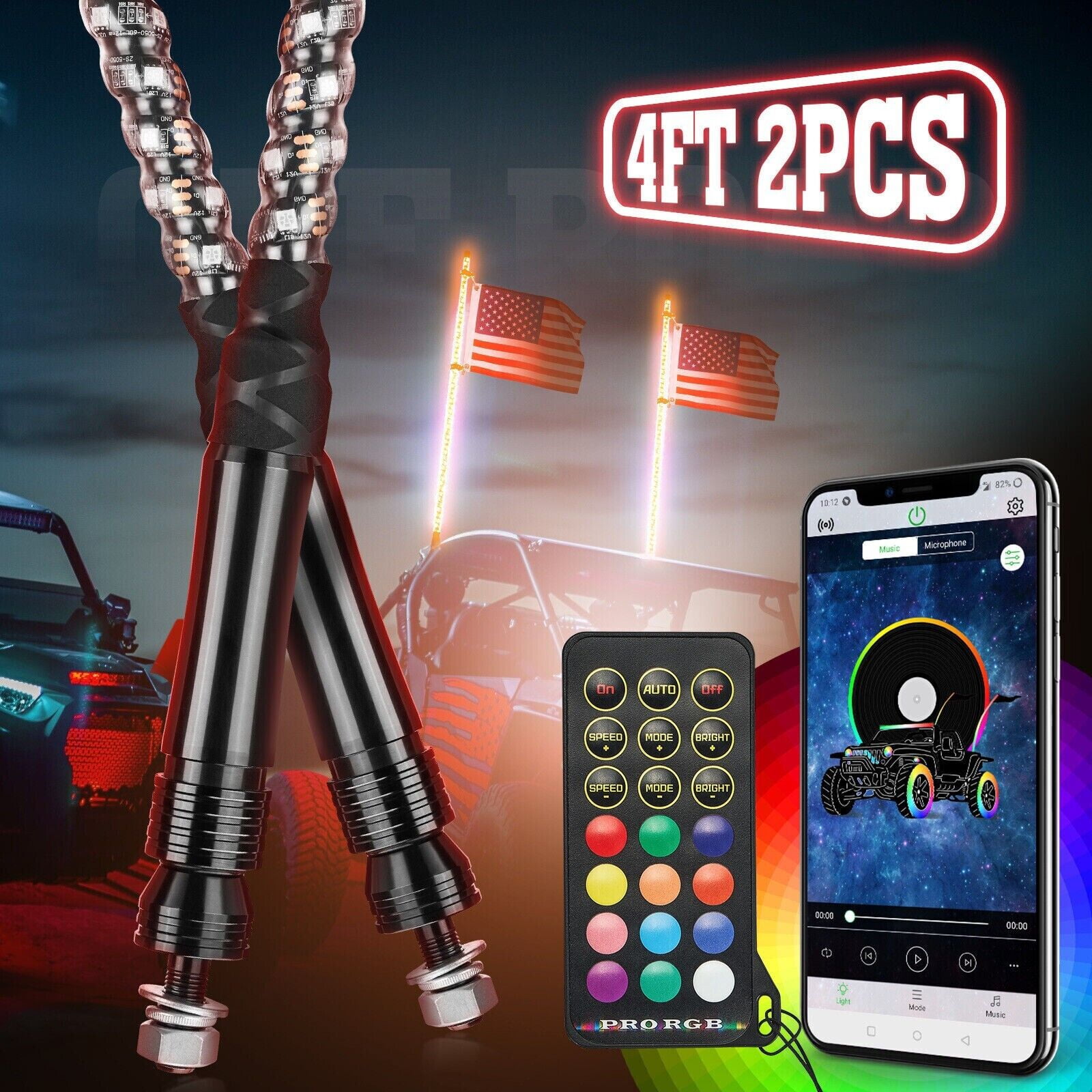 KEMIMOTO 2pcs 4ft UTV Spiral LED Whip Lights App Remote Control for SXS ATV Boat Offroad Compatible with Polaris RZR Can-Am Maverick X3 Sportsman