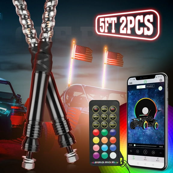 KEMIMOTO 2pcs 5ft Spiral ATV UTV RGB Whip Lights APP Bluetooth Control LED Compatible with Polaris RZR Can-Am Maverick X3 Outlander