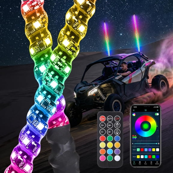 KEMIMOTO 3FT Spiral LED Whip Lights -APP & Remote Control,Compatible with Polaris RZR, Can-Am,for UTV, ATV, Boat(2pcs)