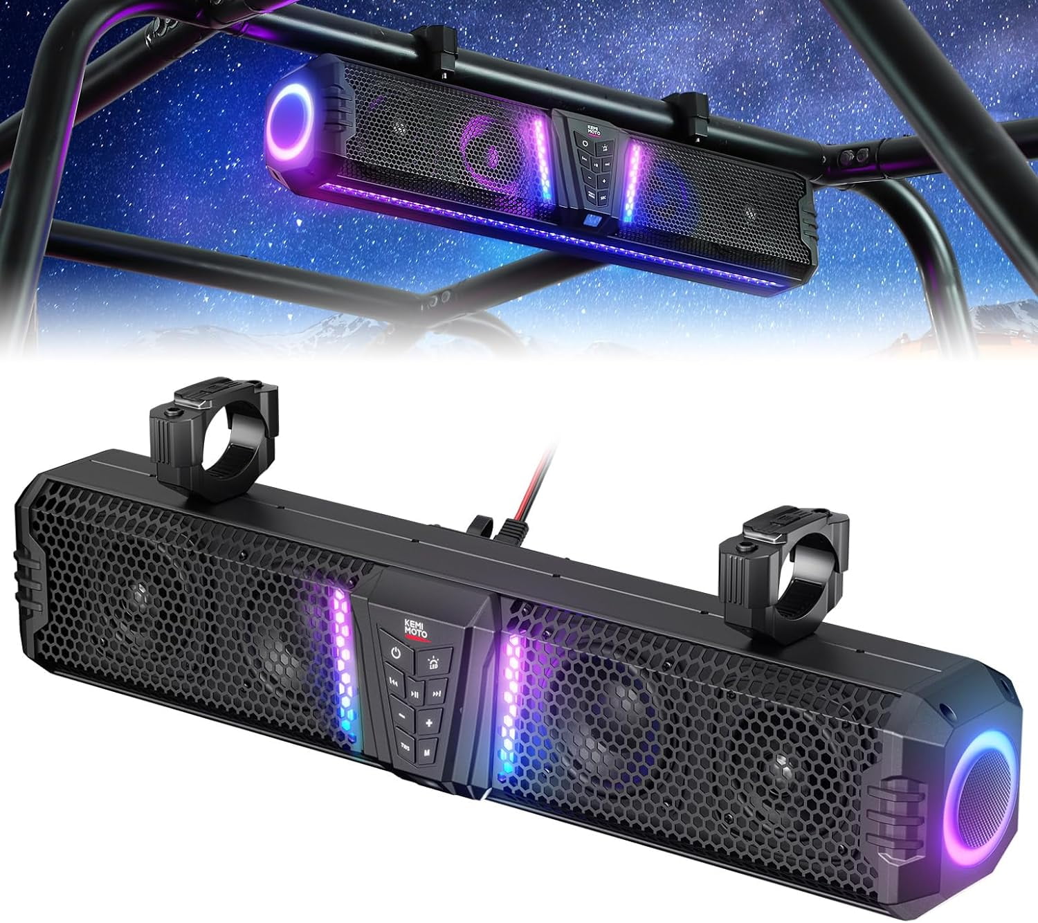 KEMIMOTO Midnight 60 26-inch UTV Sound Bar Waterproof IP66, 65Hz Deep Bass 500W Peak Power, Music Sync Multicolor Lights UTV Soundbar Bluetooth for UTV ATV Golf Cart Marine Boat fits 1"-2" Roll Bar