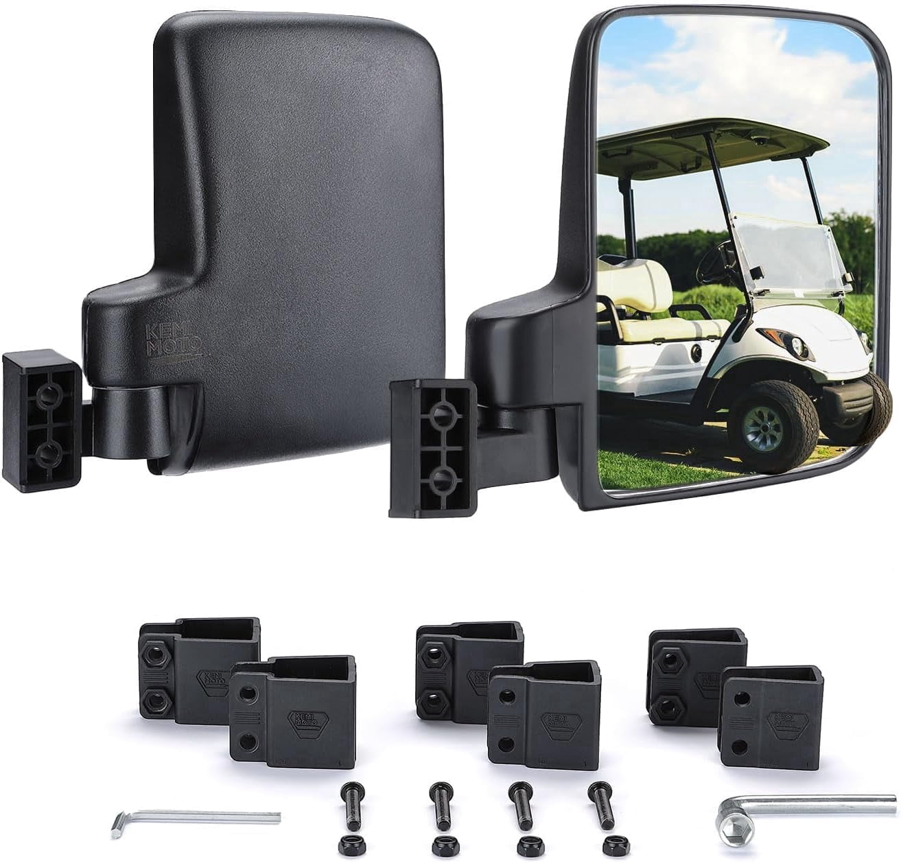 KEMIMOTO No Drilling Golf Cart Side Mirrors, Universal Rear View Mirror for 0.75"-1.25" Square Rail, Folding Design