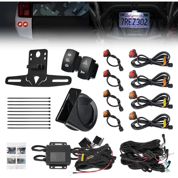 KEMIMOTO UTV Turn Signal Light Kit with Lights, 110D Horn  License Plate Holder Rocker Switch Compatible with Polaris, Can-Am, CFMOTO