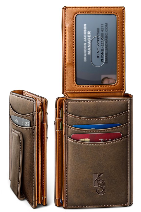 Men Wallet, Slim Leather Wallet Money Clip Magnetic Closure ID Windows 14Cards RFID Blocking A101