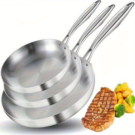 KEMORELA 3-Pack Stainless Steel Nonstick Omelette Pan Set, Induction-Ready Cookware for Gas & Electric Stoves - Essential Kitchen Tools for Home Chefs(S)