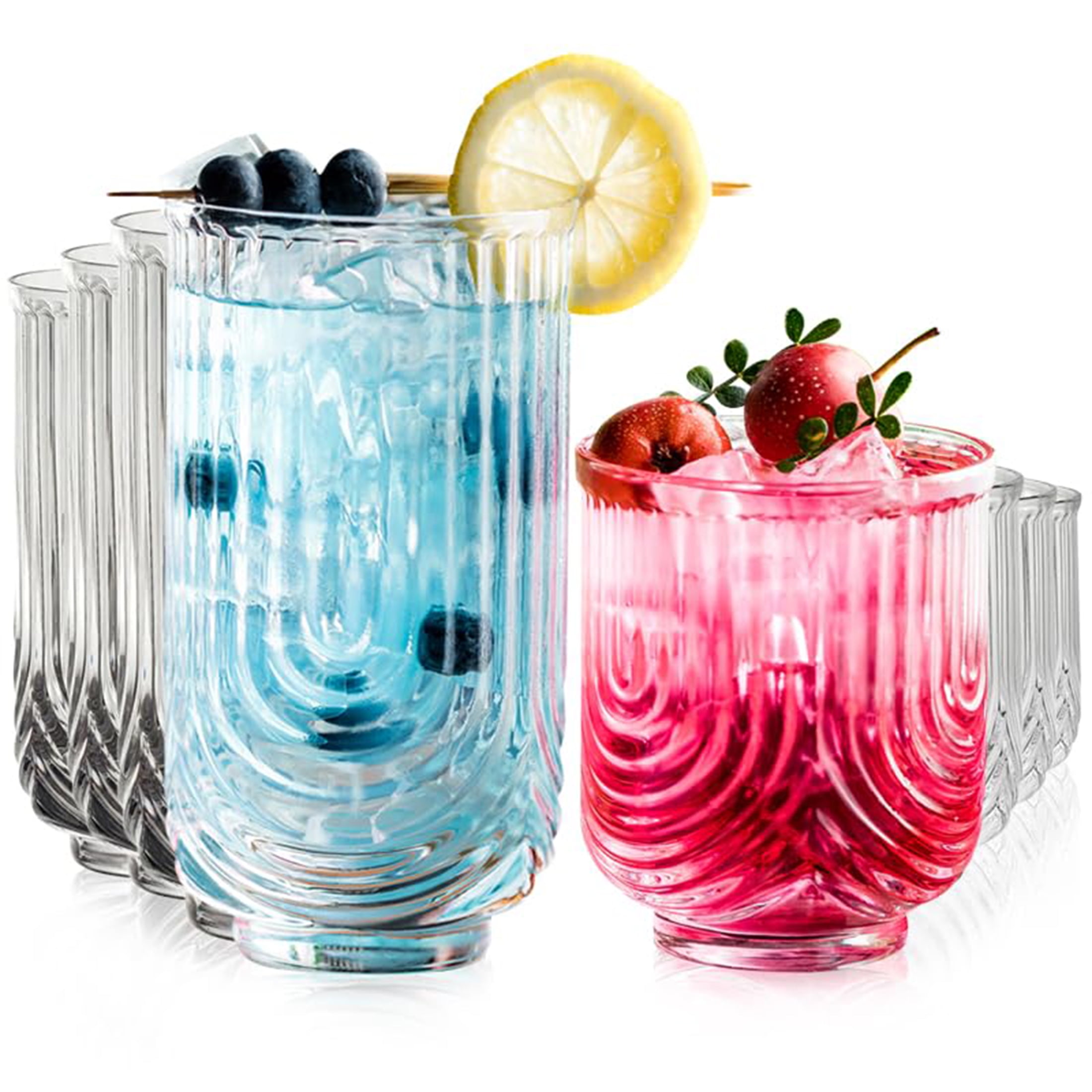 KEMORELA 8 Pieces 14/12OZ Art Deco Cocktail Glass Highball Ribbed Glass ...