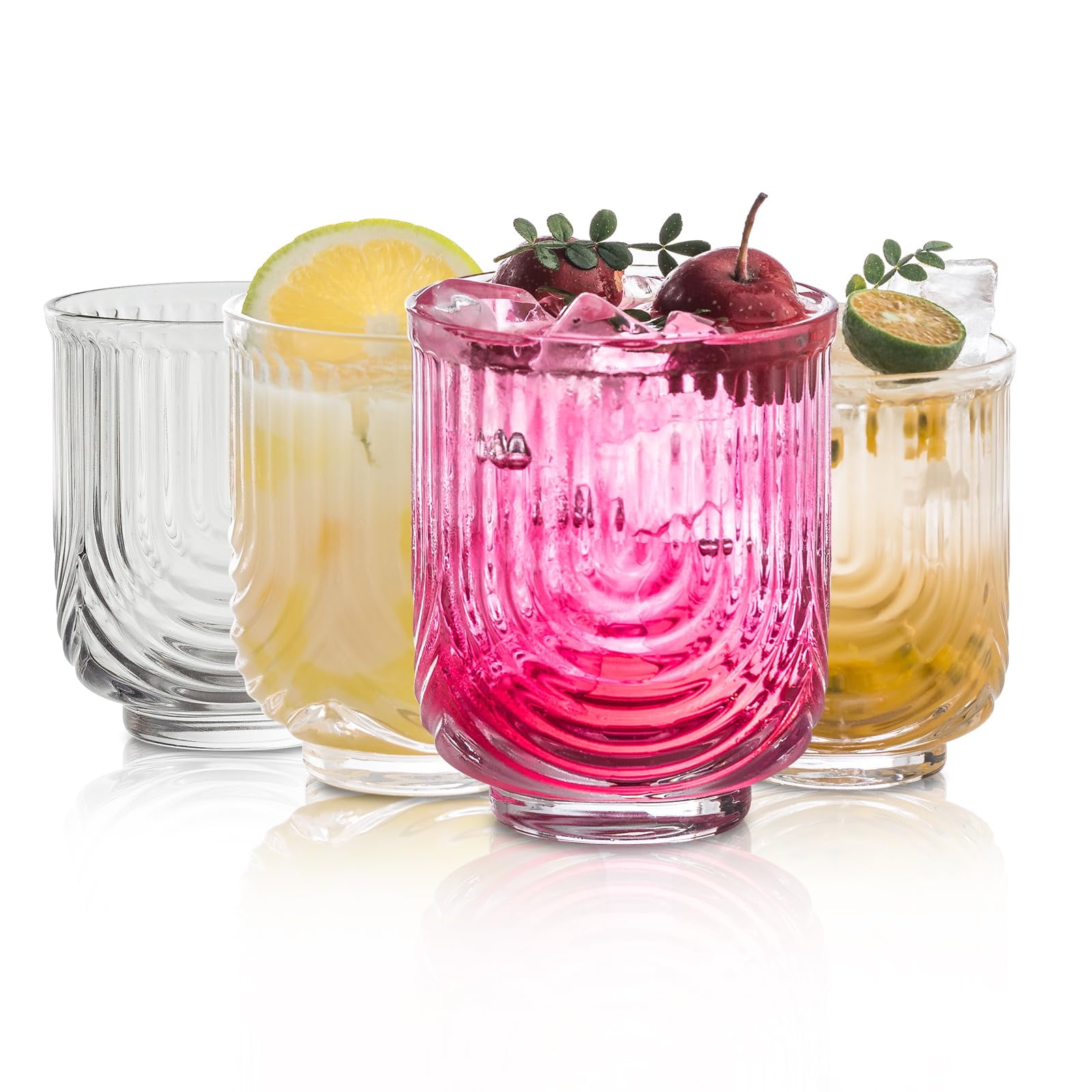 Art Deco 12oz Clear Glass Ripple Cocktail Glasses Set of 4